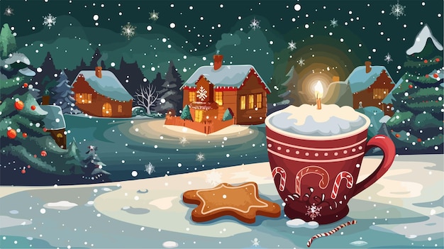 Vector cozy winter scene with festive cocoa mug