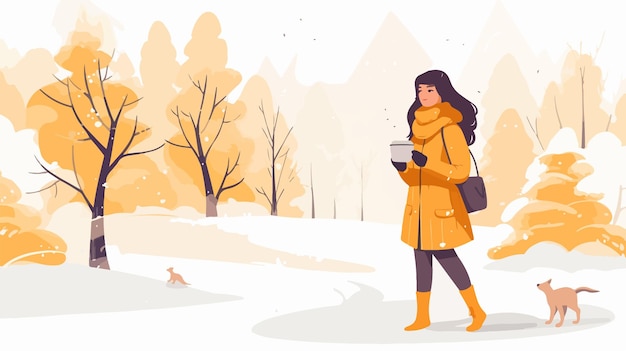 Vector cozy winter scene woman enjoying hot coffee outdoors in cold weather