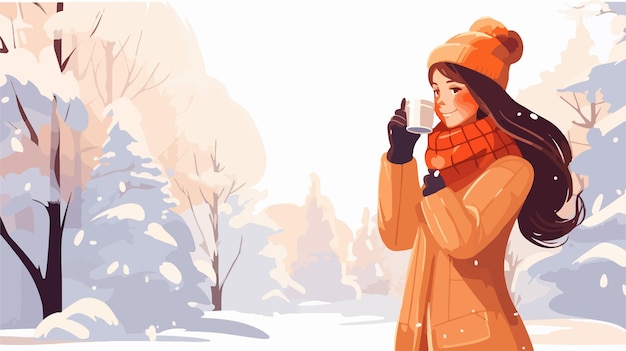 Vector cozy winter scene woman enjoying hot coffee outdoors in cold weather