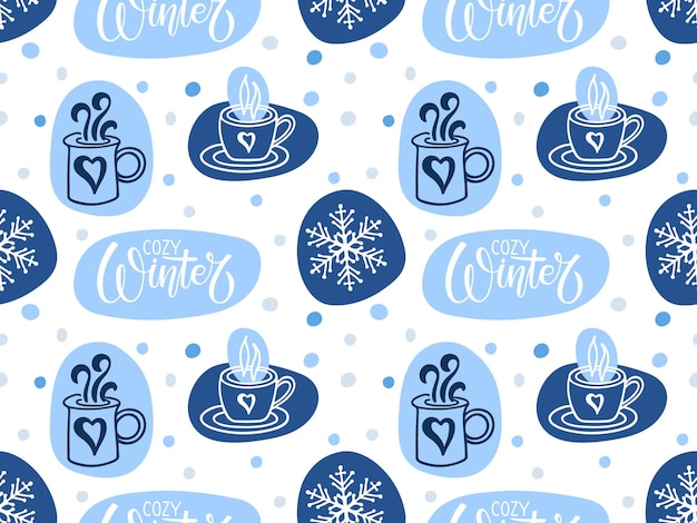 Cozy winter seamless pattern with hot drink cup snowflake lettering Blue Winter repeated print