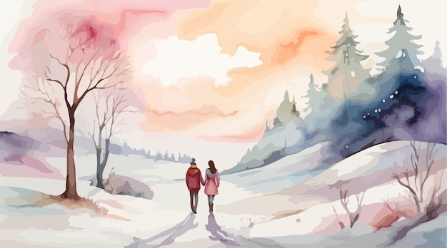 Vector a cozy winter setting with a couple walking hand in hand through a snowy forest the delicate detai