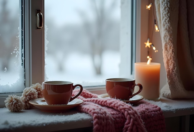 Vector cozy winter still life cup of hot tea and an open book with a warm sweater