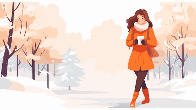 Vector cozy winter vibes woman enjoying hot coffee outdoors