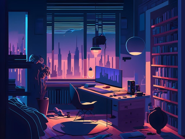 Vector cozy workplace lofi illustration