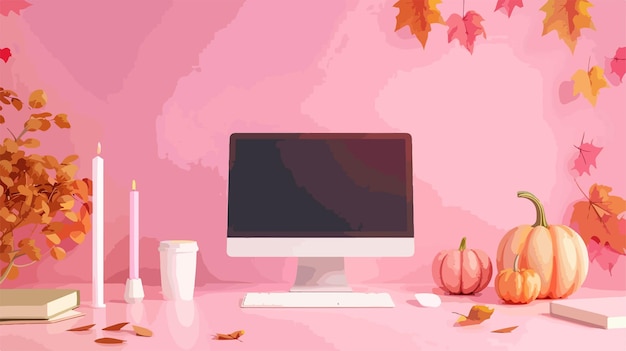 Vector cozy workplace with computer candles and pumpkins