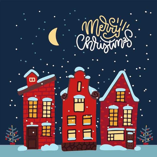 Cozy xmas card with a decorated snowy old town at christmas eve winter night sityscape with moon and...