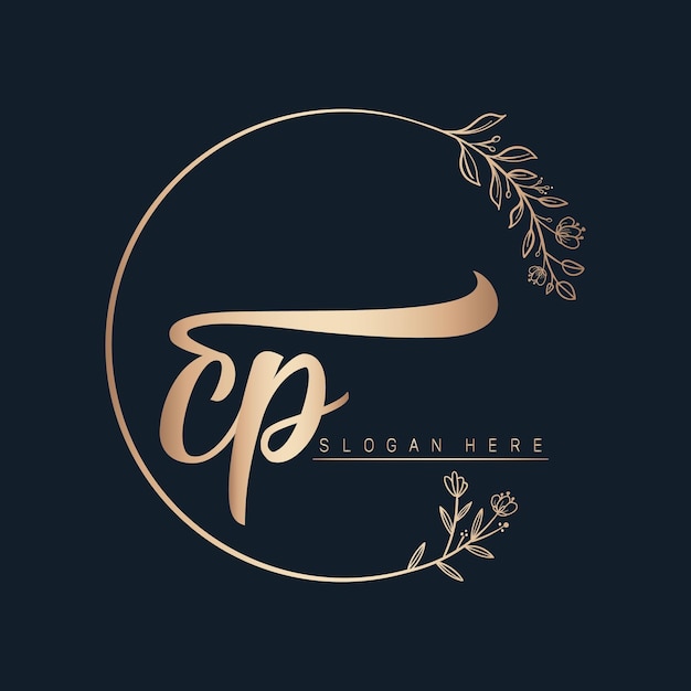 cp calligraphic and signature vector logo design with circle in gold color leaf and flower