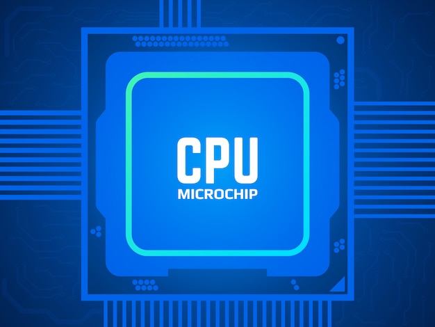 CPU chip on circuit board. Blue microprocessor and motherboard. 