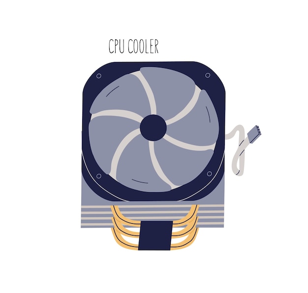 CPU cooler with fan and wires. Internal computer equipment for air cooling and ventilation. Colored flat vector illustration of PC device isolated on white background.