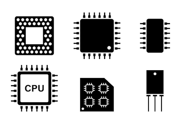 CPU microprocessor and chips icons set