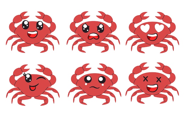 Crab cartoon face expression cartoon smile wink sad face expression set collection sea creature marine