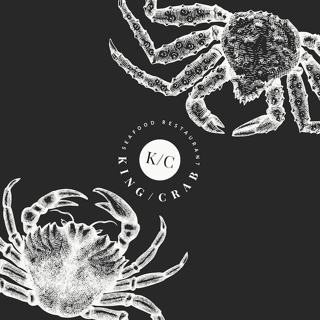 Crab design template. Hand drawn  seafood illustration on chalk board. Engraved style crustacean. Vintage lobster