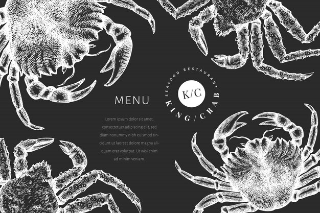 Crab design template. Hand drawn  seafood illustration on chalk board. Engraved style crustacean. Vintage lobster .