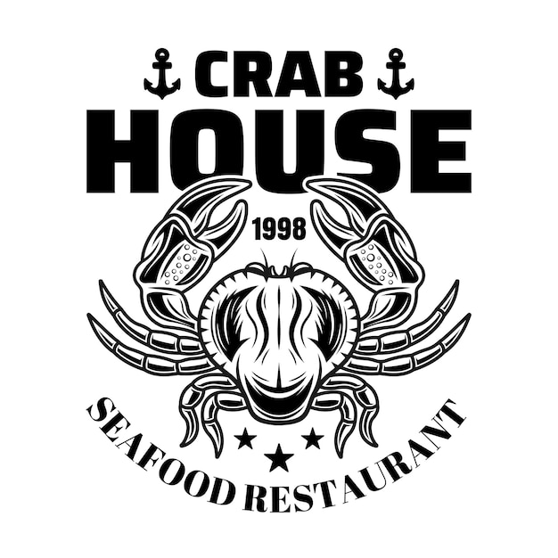 Crab house restaurant menu vector typography emblem, badge, label or logo in vintage monochrome style isolated on white background