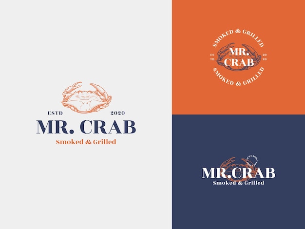 Crab seafood Hand Draw Logo Template with Premium Vintage Typography