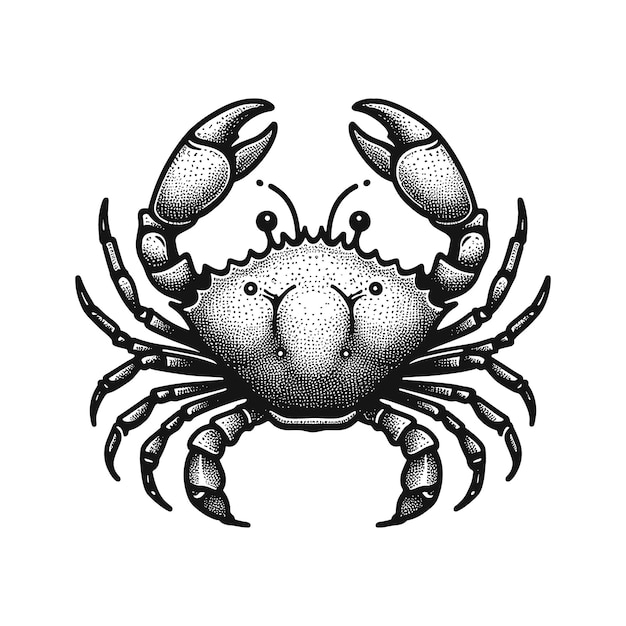 a crab with a black face and a white background