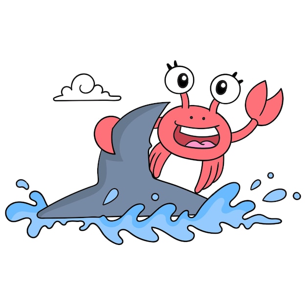 Crabs are on vacation on the beach playing happy surfing, vector illustration art. doodle icon image kawaii.