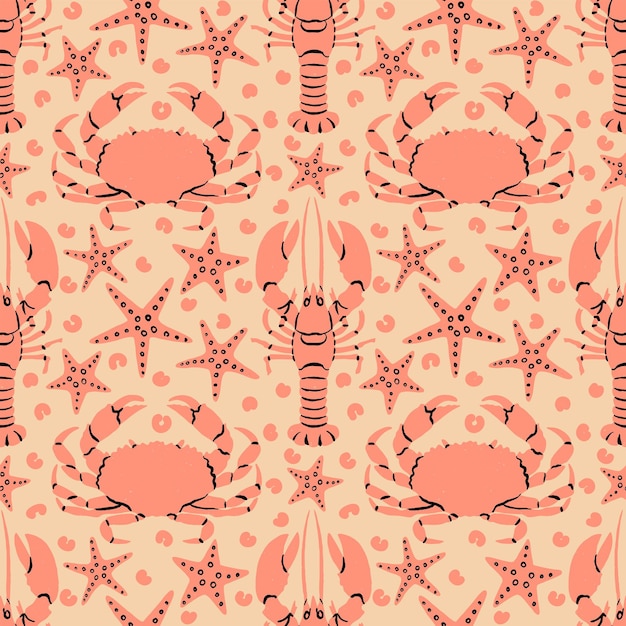 Vector crabs crawfishes and starfish seamless pattern on coral background vector illustration