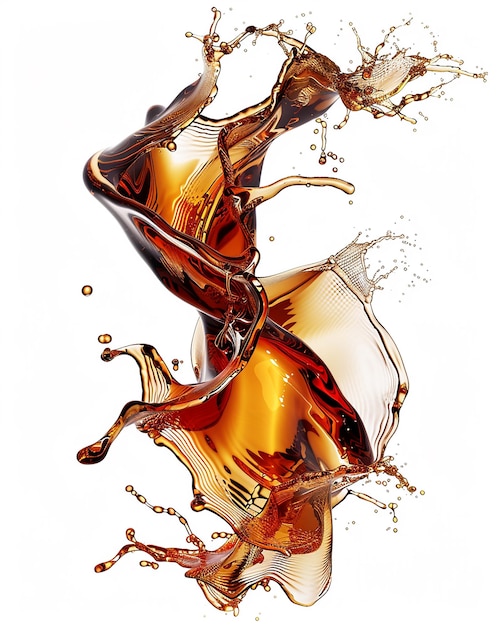 Craft an arresting longish image featuring cascading liquid brown soda or tea