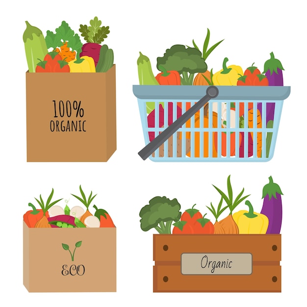 Craft bags wooden box and a shopping basket full of vegetables