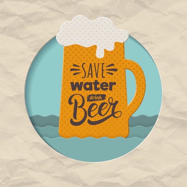 Craft beer paper art poster. Save water drink beer typography. lettering card with beer mug, waves and vintage paper frame