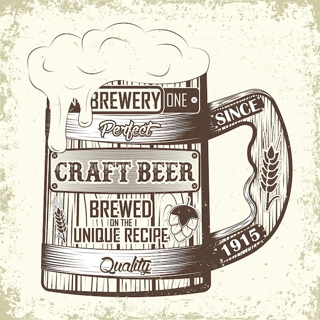 Craft beer typography emblem with wooden beer mug