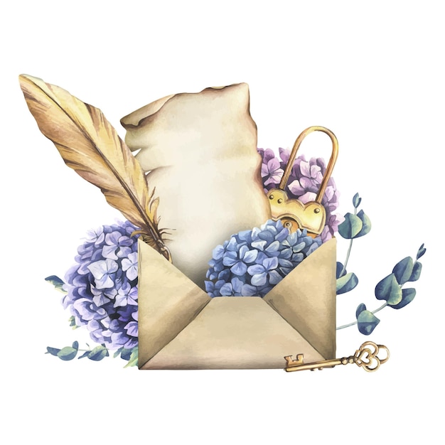 Craft envelope with a sheet of parchment with a gold lock key and feather with hydrangea flowers and