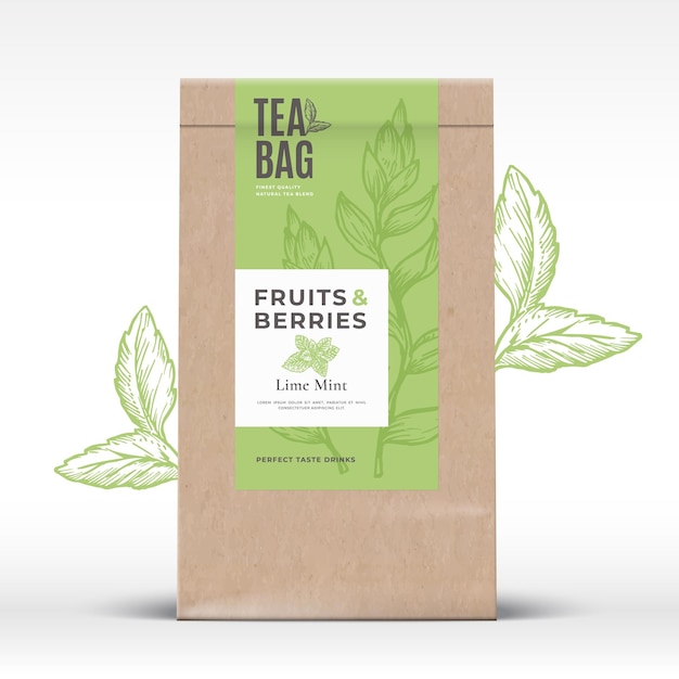 Craft Paper Bag with Fruit and Berries Tea Label Abstract Vector Packaging Design Layout with Realistic Shadows Modern Typography Hand Drawn Mint Leaves Silhouettes Background