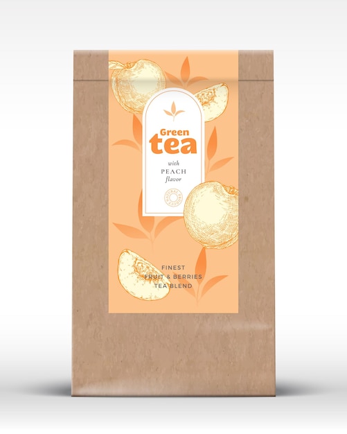 Craft Paper Bag with Fruit and Berries Tea Label Realistic Vector Pouch Packaging Design Layout Modern Typography Hand Drawn Peaches and Leaves Silhouettes Background Mockup Isolated