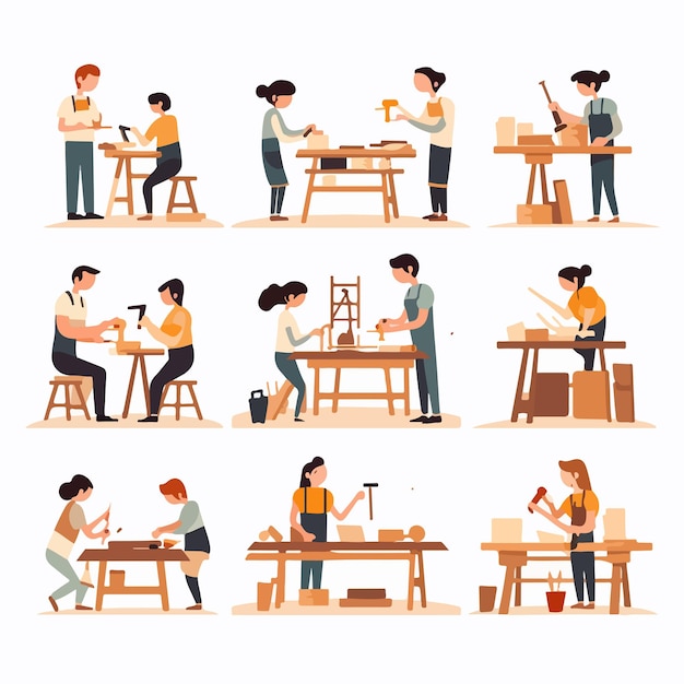 Craft Teacher and Children Students Learning Carpentry