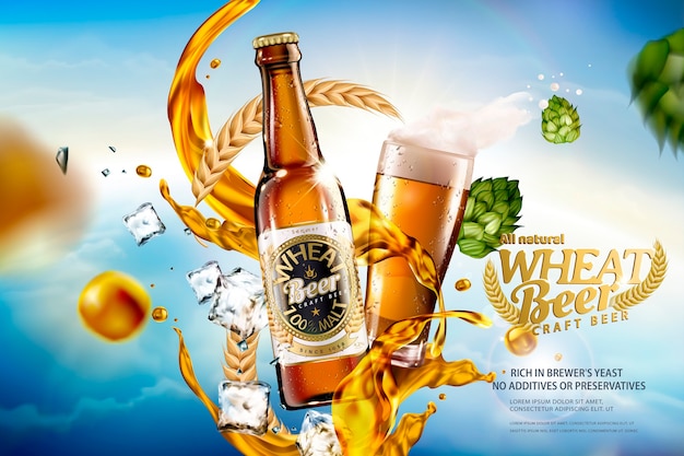 Craft wheat beer with splashing liquid and ingredients on bokeh blue sky 