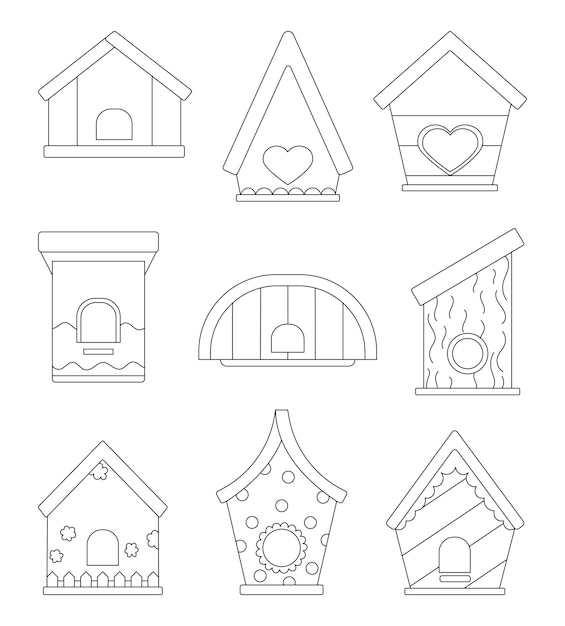 Crafted birdhouse with feeder Coloring Page Wooden house for bird Hand drawn style