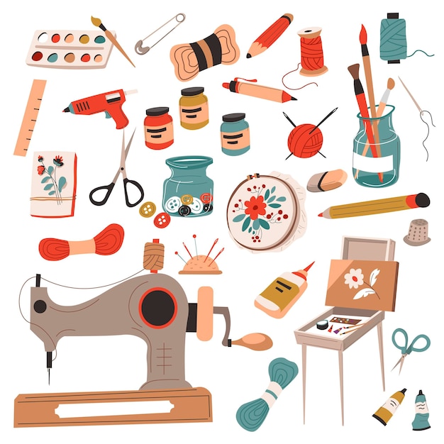 Crafts and hobbies, sewing and tailoring, drawing and knitting. Instruments and equipment for working and master classes. Machine and thread, paints and brushes, pencil and pin. Vector in flat style