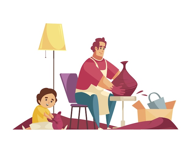 Craftsman composition with home scenery and working potter with child vector illustration