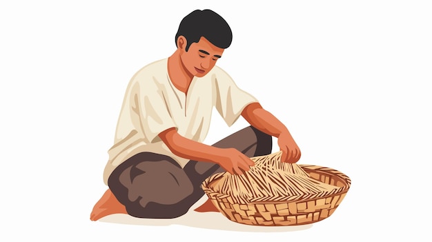 Vector craftsman weaving palmito basket skillfully