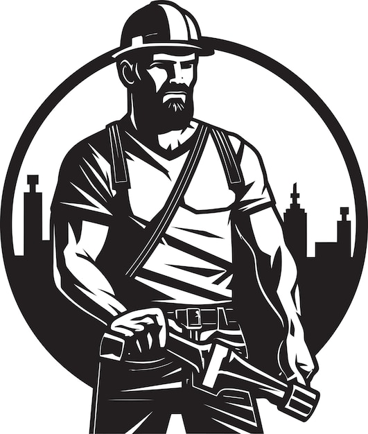 Craftsmans Clout Construction Worker with Hammer Icon Hard Hat Hammerer Vector Logo of a Constructi