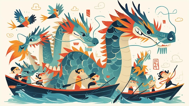 Vector craftsmen create colorful dragon boats for races collection