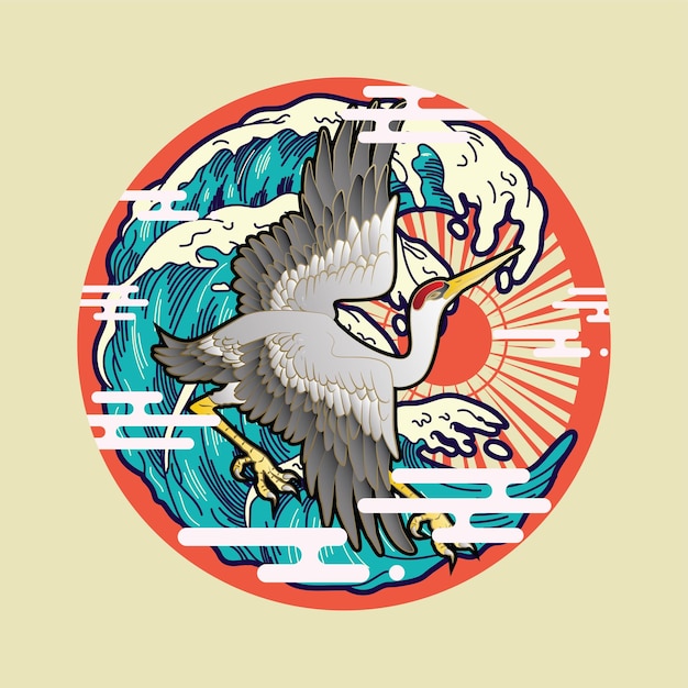 crane illustration design with retro japanese style background