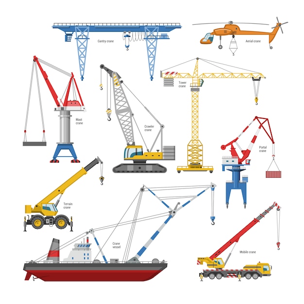 Crane  tower-crane and industrial building equipment or constructiontechnics illustration set of high gantry or portal-crane  on white background