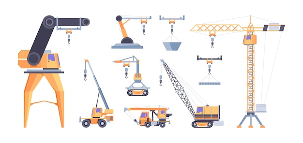 Cranes for builders Construction vehicles industrial loaders hoisting machines ropes with hook transporters garish vector illustrations in cartoon style