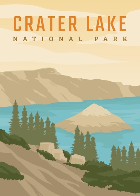 Vector crater lake poster vintage vector illustration design national park in america vintage poster design