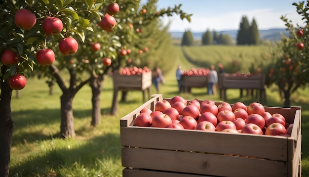 Vector crates of red apples in an orchard