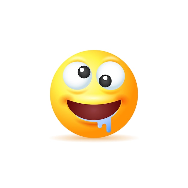 Crazy yellow emoji with salivation isolated on white background