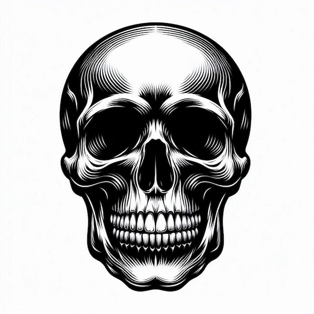 Create an attractive skull front silhouette art in black and white on a white background