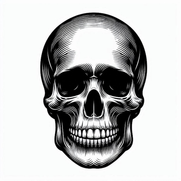 Create an attractive skull front silhouette art in black and white on a white background