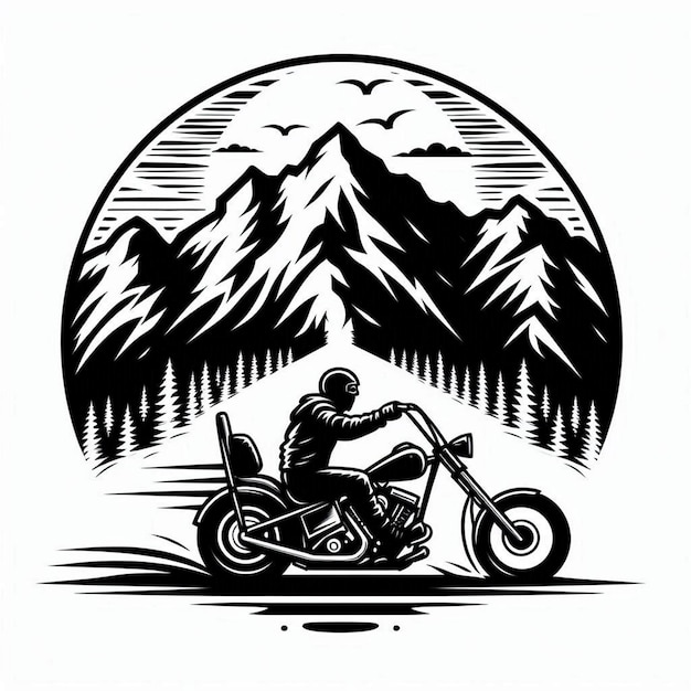 Vector create a blackandwhite illustration of a biker riding a chopperstyle motorcycle