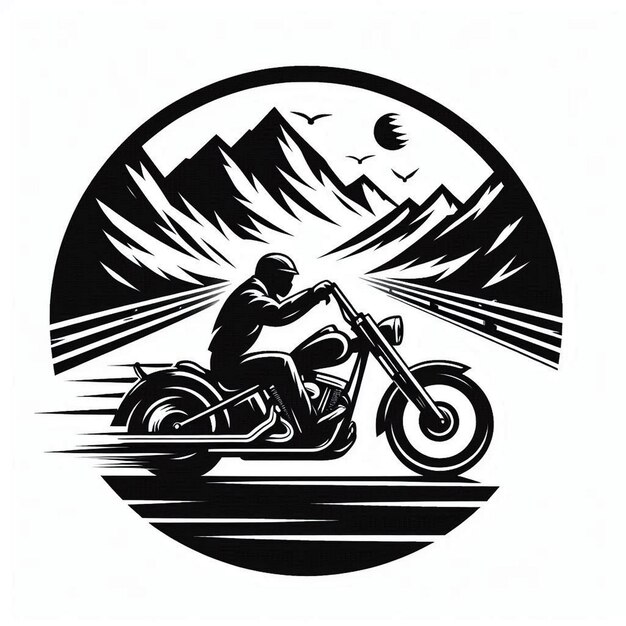 Create a blackandwhite illustration of a biker riding a chopperstyle motorcycle