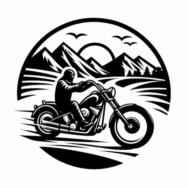 Create a blackandwhite illustration of a biker riding a chopperstyle motorcycle