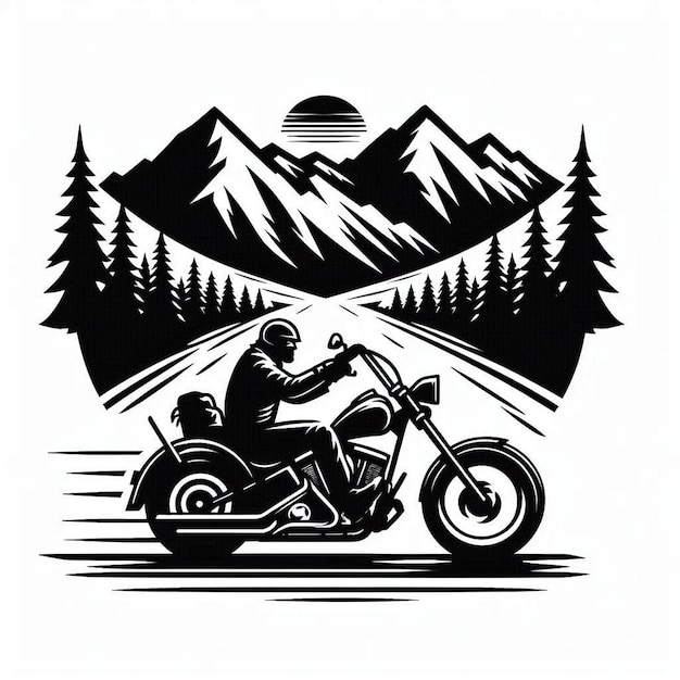 Create a blackandwhite illustration of a biker riding a chopperstyle motorcycle