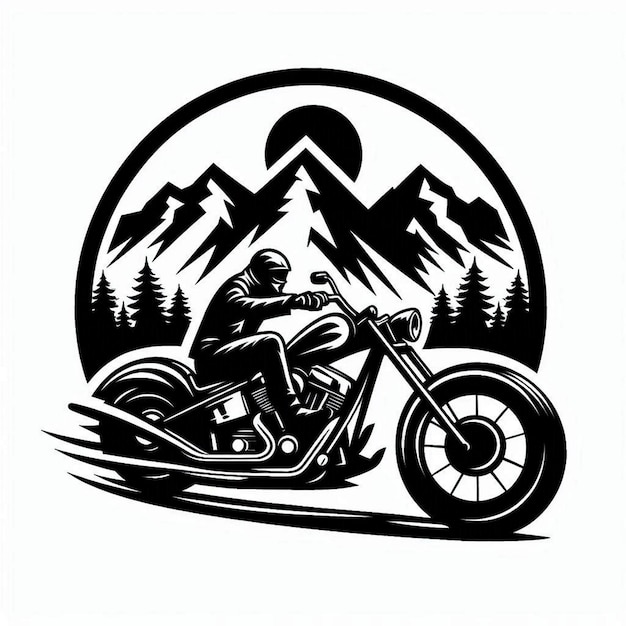 Create a blackandwhite illustration of a biker riding a chopperstyle motorcycle